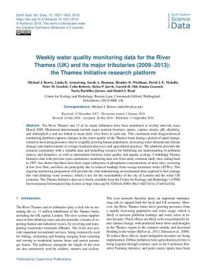 Weekly Water Quality Monitoring Data for the River Thames (UK) and Its Major Tributaries (2009–2013): the Thames Initiative Research Platform