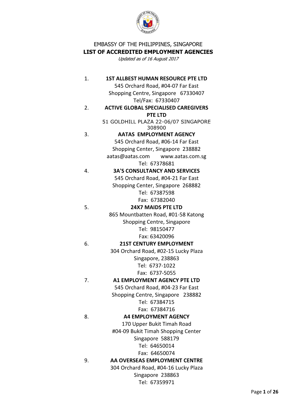 1. 1ST ALLBEST HUMAN RESOURCE PTE LTD 545 Orchard Road, #04-07 Far East Shopping Centre, Singapore 67330407 Tel/Fax: 67330407 2