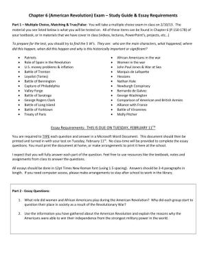 (American Revolution) Exam – Study Guide & Essay Requirements