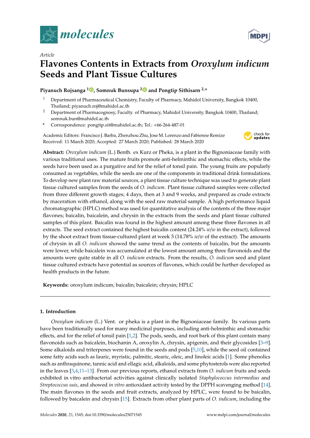 Flavones Contents in Extracts from Oroxylum Indicum Seeds and Plant Tissue Cultures