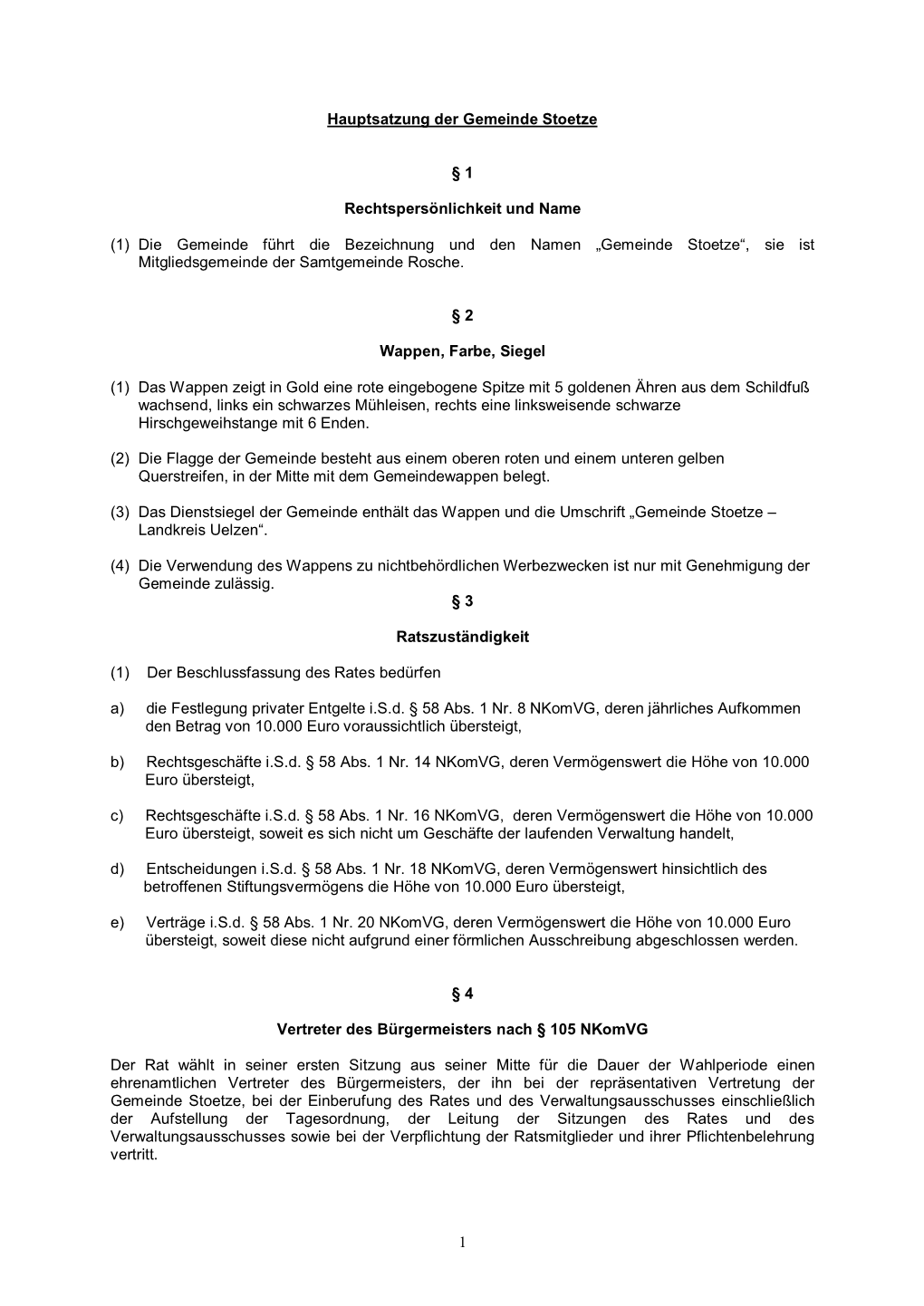 1 Hauptsatzung Der Gemeinde Stoetze