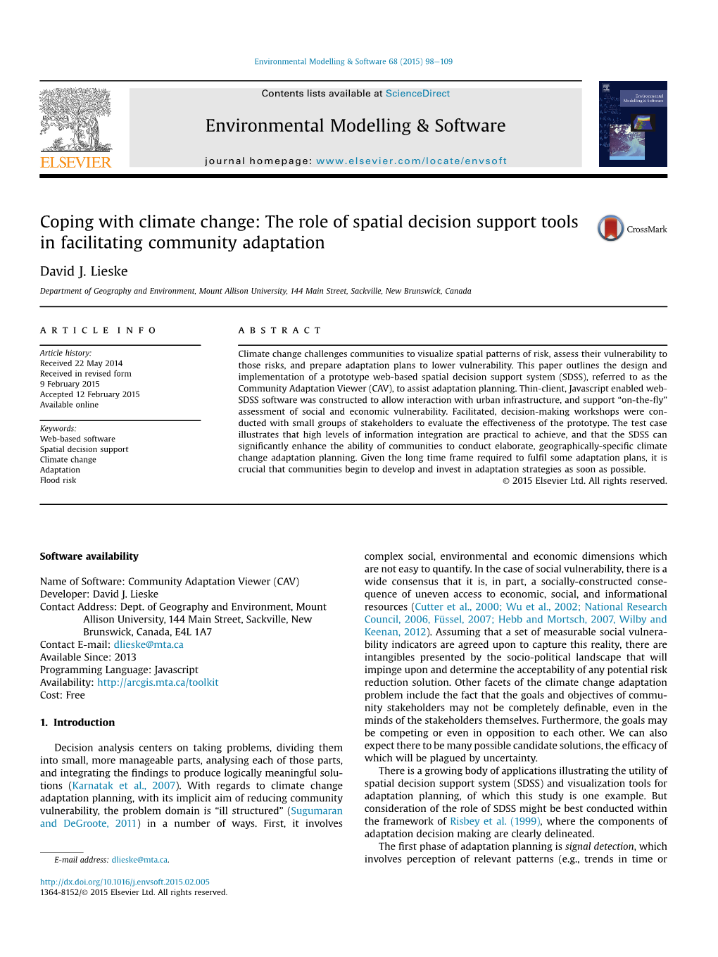 Coping with Climate Change: the Role of Spatial Decision Support Tools in Facilitating Community Adaptation