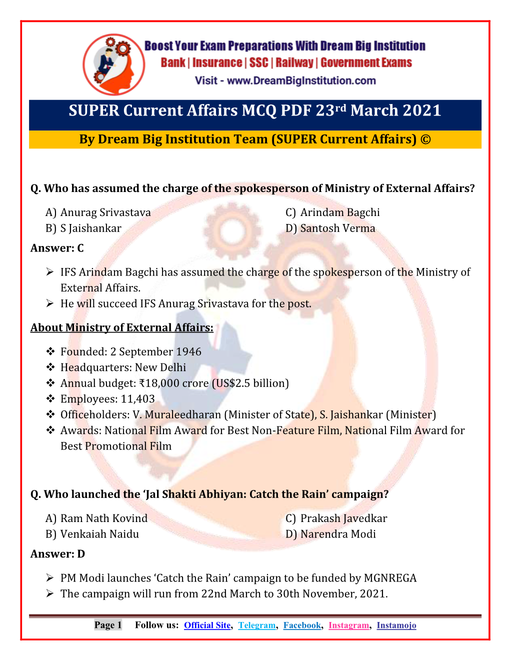 SUPER Current Affairs MCQ PDF 23Rd March 2021