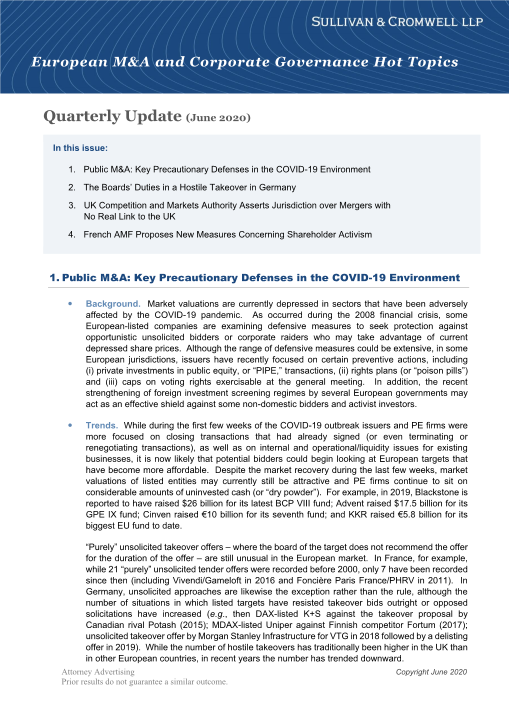 European M&A and Corporate Governance Hot Topics