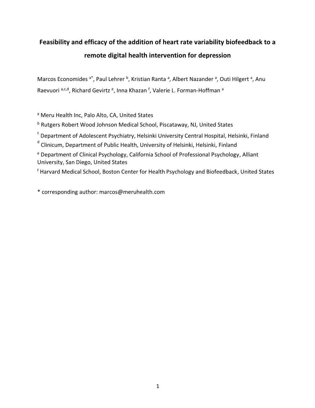 Feasibility and Efficacy of the Addition of Heart Rate Variability Biofeedback to a Remote Digital Health Intervention for Depression