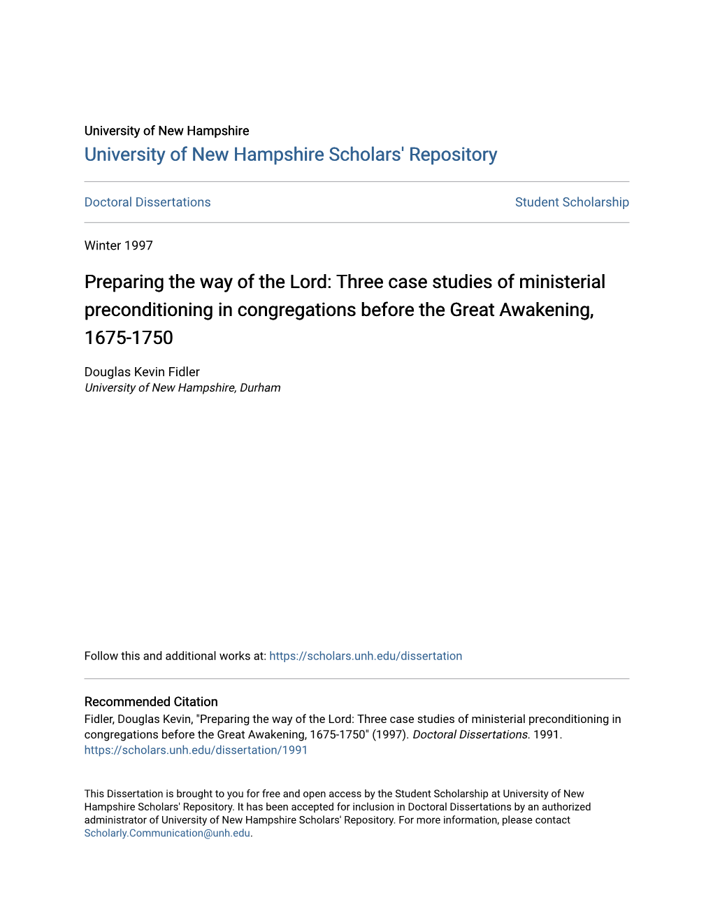 Three Case Studies of Ministerial Preconditioning in Congregations Before the Great Awakening, 1675-1750