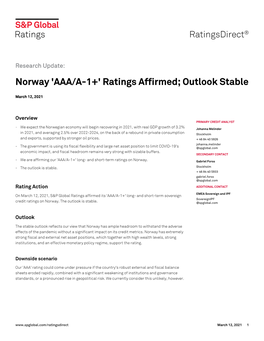 Norway 'AAA/A-1+' Ratings Affirmed; Outlook Stable