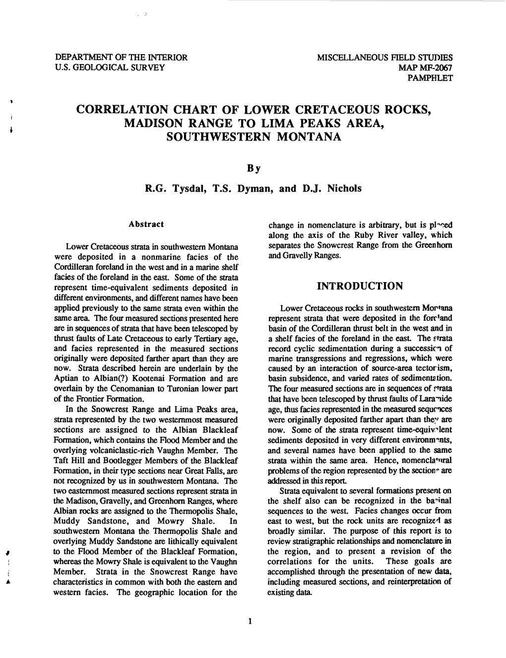 Correlation Chart of Lower Cretaceous Rocks, Madison Range to Lima Peaks Area, Southwestern Montana