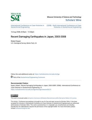 Recent Damaging Earthquakes in Japan, 2003-2008
