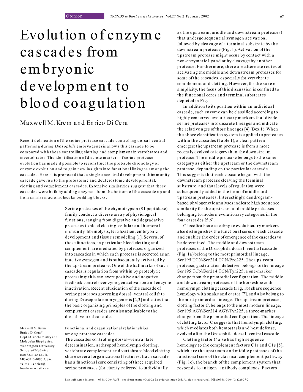 Evolution of Enzyme Cascades from Embryonic Development to Blood
