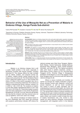 Behavior of the Use of Mosquito Net As a Prevention of Malaria in Ondorea Village, Nanga Panda Sub-District