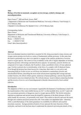 Title Biology of Ferritin in Mammals: an Update on Iron Storage, Oxidative Damage and Neurodegeneration. Dario Finazzi , MD