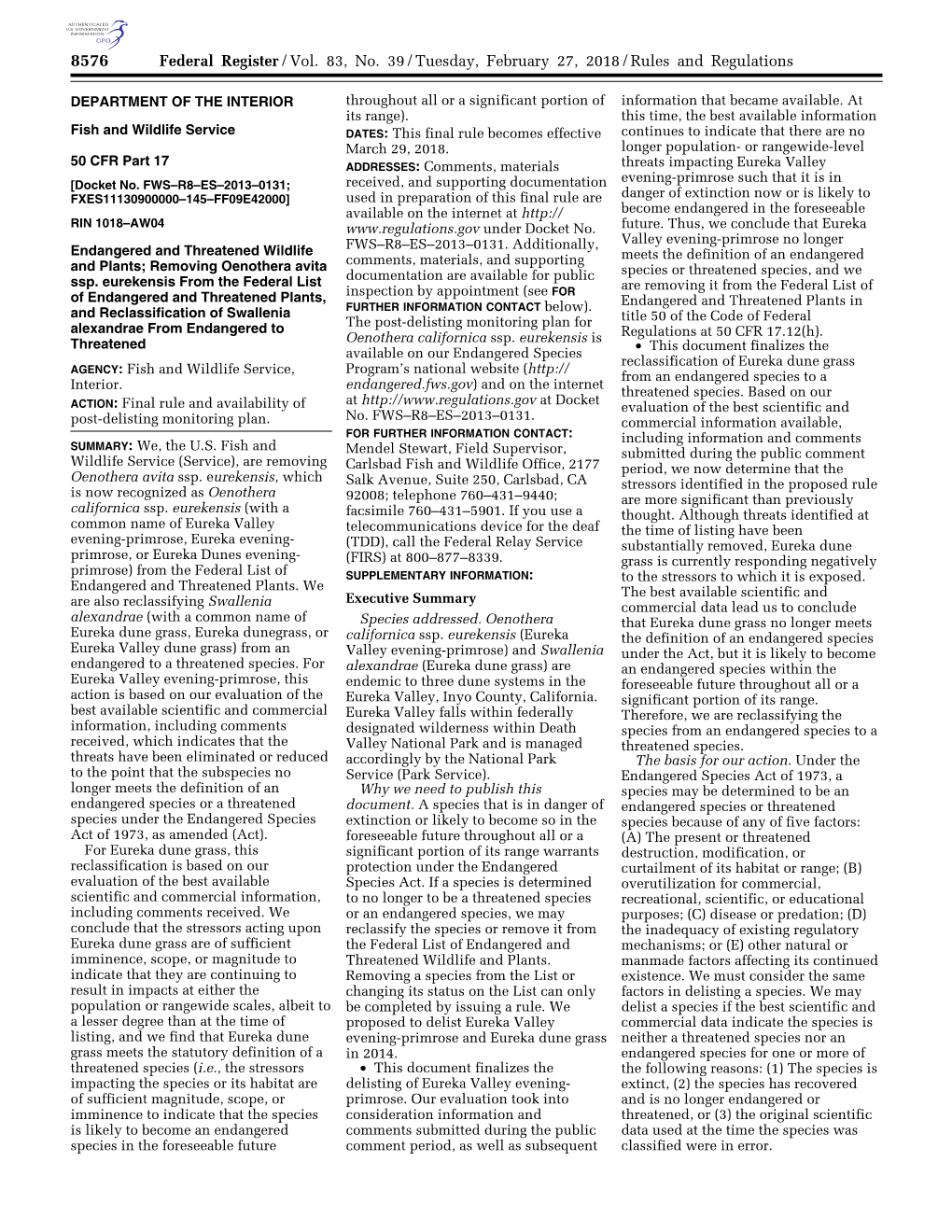 Federal Register/Vol. 83, No. 39/Tuesday, February 27, 2018