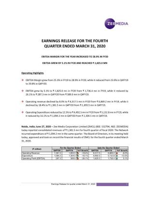 Earnings Release for the Fourth Quarter Ended March 31, 2020