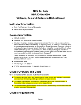 NYU Tel Aviv HBRJD-UA 9590 Violence, Sex and Culture in Biblical Israel Instructor Information Course Information Course Overvie