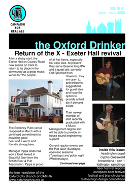The Oxford Drinker Return of the X - Exeter Hall Revival After a Shaky Start, the of All Her Beers, Especially Exeter Hall on Cowley Road Her Cask Ales