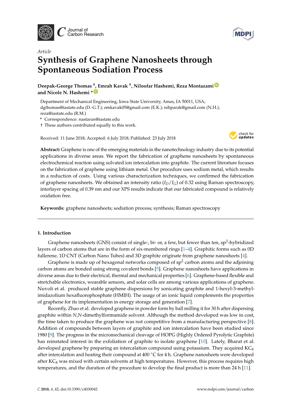 Synthesis of Graphene Nanosheets Through Spontaneous Sodiation Process