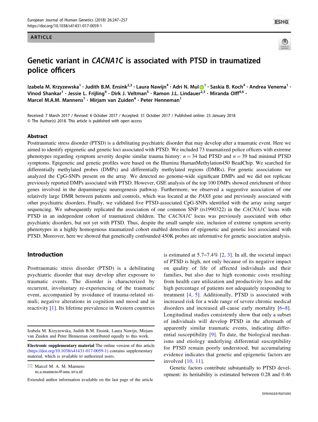 Genetic Variant in CACNA1C Is Associated with PTSD in Traumatized Police Ofﬁcers