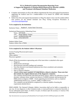 NCAA Medical Exception Documentation Reporting Form To