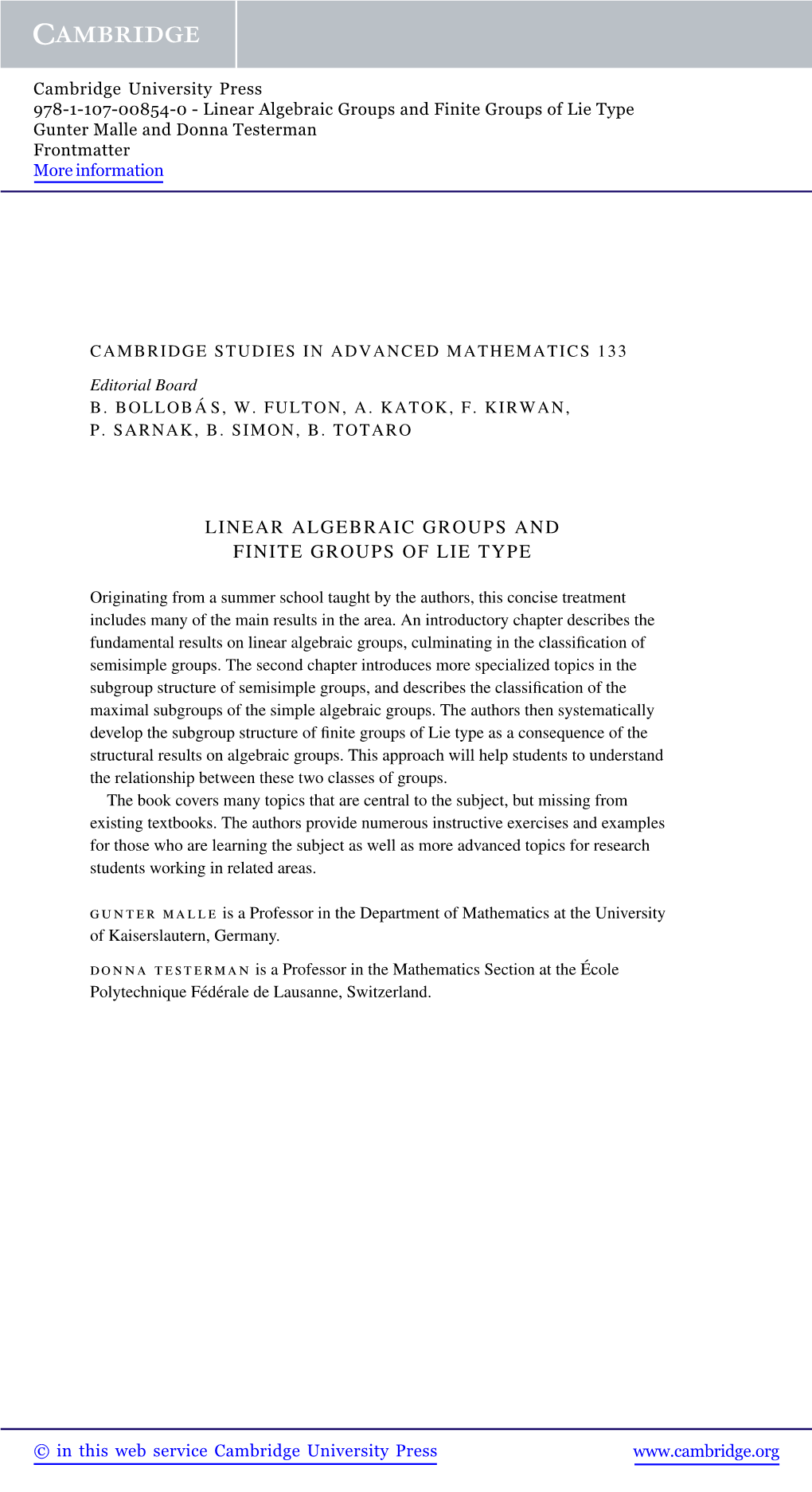 Linear Algebraic Groups and Finite Groups of Lie Type Gunter Malle and Donna Testerman Frontmatter More Information