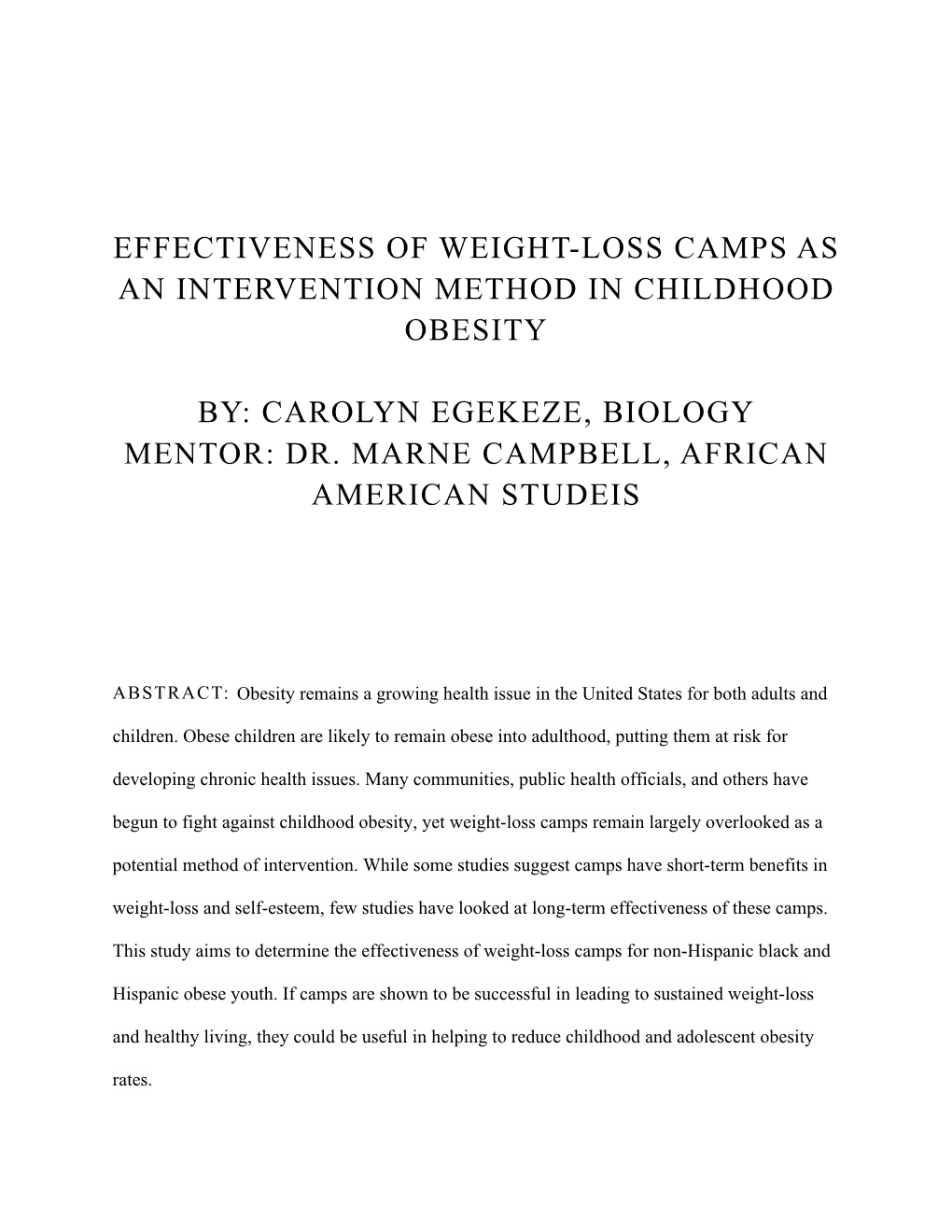 Effectiveness of Weight-Loss Camps As an Intervention Method in Childhood Obesity