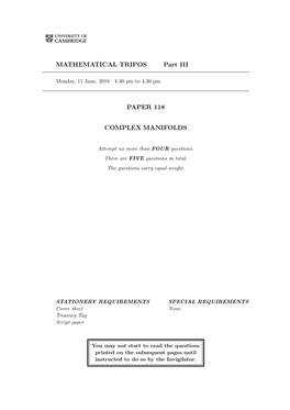 MATHEMATICAL TRIPOS Part III PAPER 118 COMPLEX MANIFOLDS