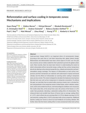 Reforestation and Surface Cooling in Temperate Zones: Mechanisms and Implications