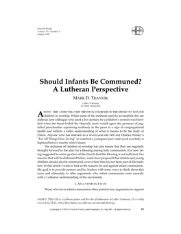 Should Infants Be Communed? a Lutheran Perspective