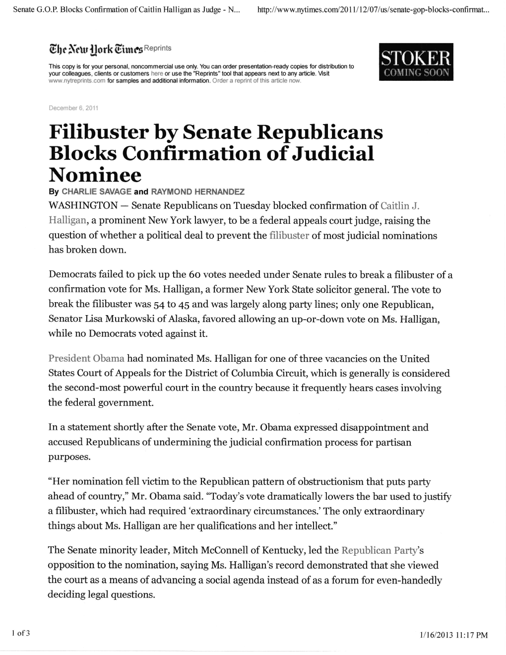 Filibuster by Senate Republicans Blocks