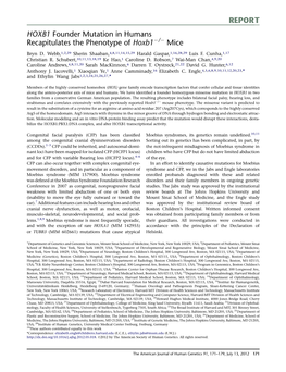 REPORT HOXB1 Founder Mutation in Humans Recapitulates the Phenotype of Hoxb1�/� Mice