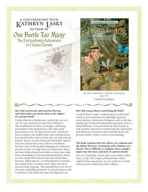 Kathryn Lasky Author of One Beetle Too Many the Extraordinary Adventures of C Harles Darwin