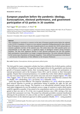 European Populism Before the Pandemic: Ideology, Euroscepticism, Electoral Performance, and Government Participation of 63 Parties in 30 Countries