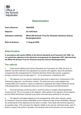 ADA3658 Chesham Grammar School Objection Determination