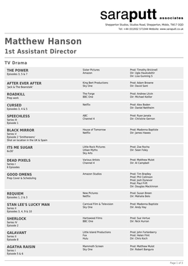 Matthew Hanson 1St Assistant Director