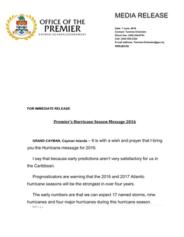 Premier's Hurricane Season Message 2016