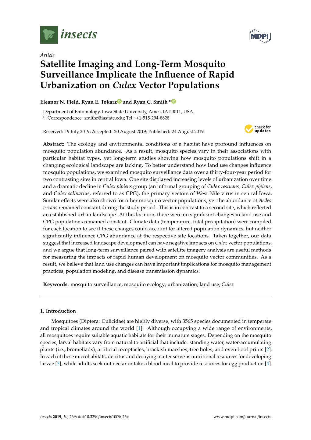 Satellite Imaging and Long-Term Mosquito Surveillance Implicate the Influence of Rapid Urbanization on Culex Vector Populations