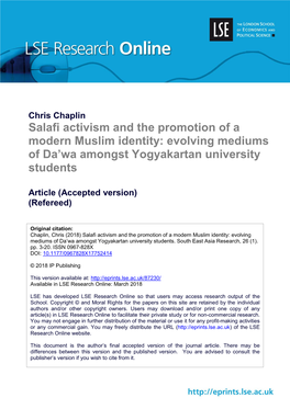 Salafi Activism and the Promotion of a Modern Muslim Identity: Evolving Mediums of Da’Wa Amongst Yogyakartan University Students
