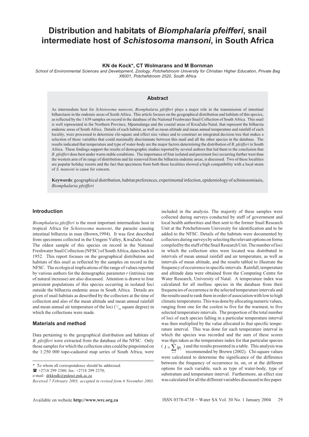 Distribution and Habitats of Biomphalaria Pfeifferi, Snail Intermediate Host of Schistosoma Mansoni, in South Africa