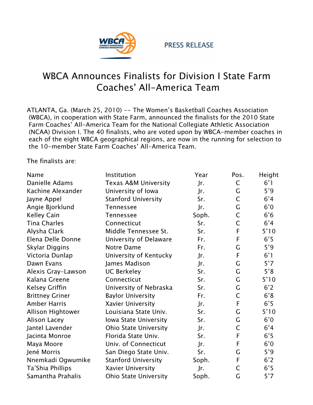 WBCA Announces Finalists for Division I State Farm Coaches' All-America Team