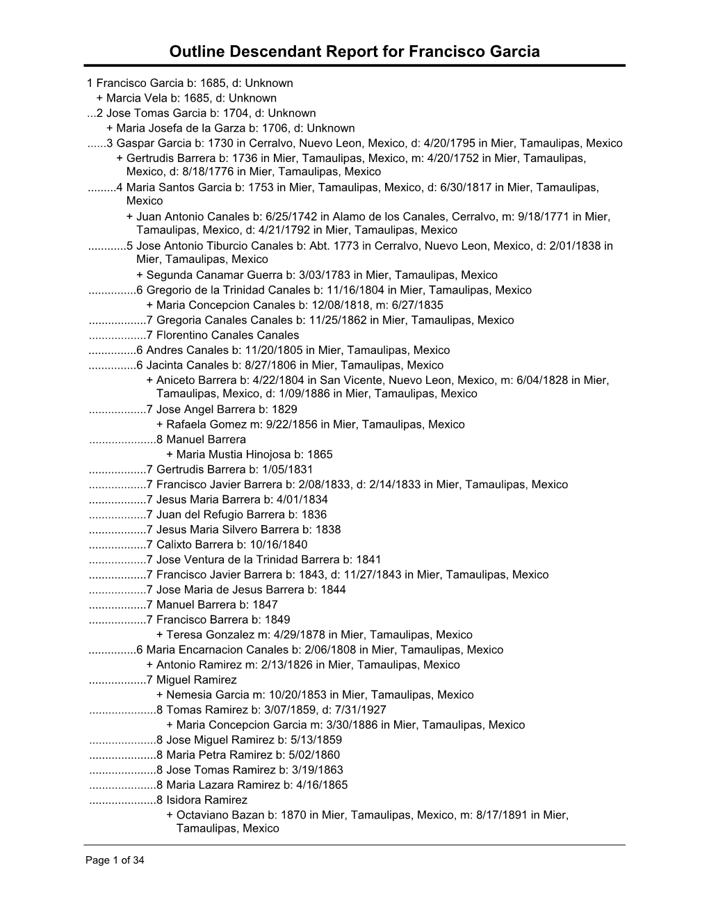 Outline Descendant Report for Francisco Garcia