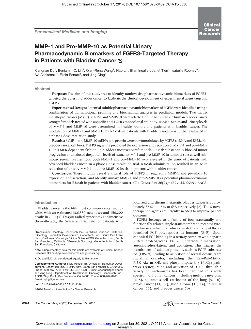 MMP-1 and Pro-MMP-10 As Potential Urinary Pharmacodynamic Biomarkers of FGFR3-Targeted Therapy in Patients with Bladder Cancer