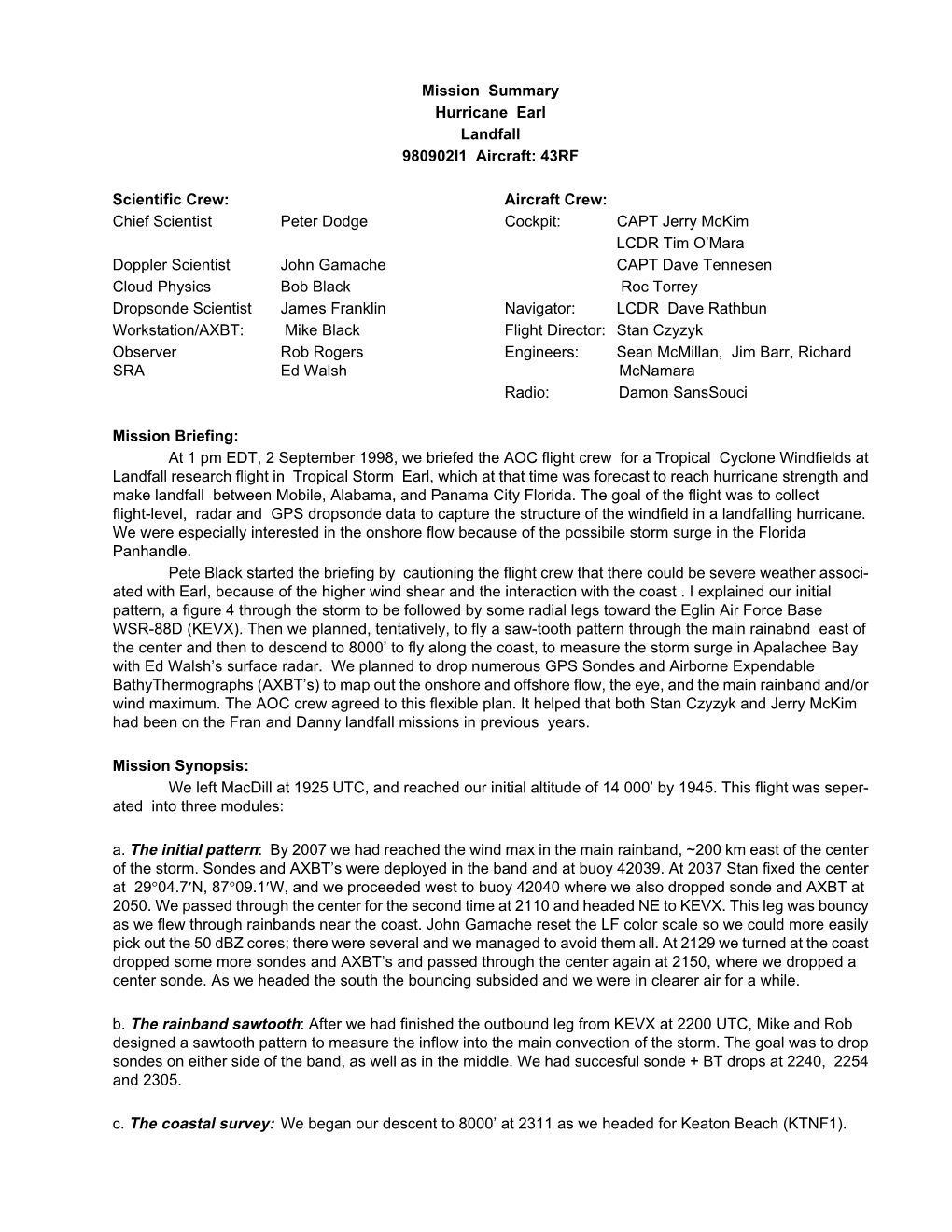 Mission Summary Hurricane Earl Landfall 980902I1 Aircraft: 43RF