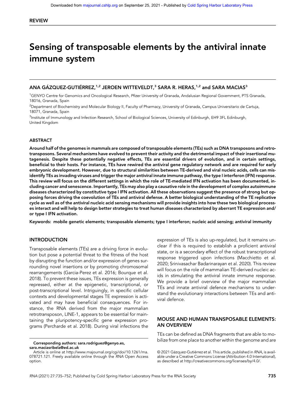 Sensing of Transposable Elements by the Antiviral Innate Immune System