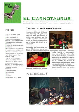 El Carnotaurus Boletín Del Museo Argentino De Ciencias Naturales Bernardino Rivadavia-Año V -Número 53- Agossto 2004