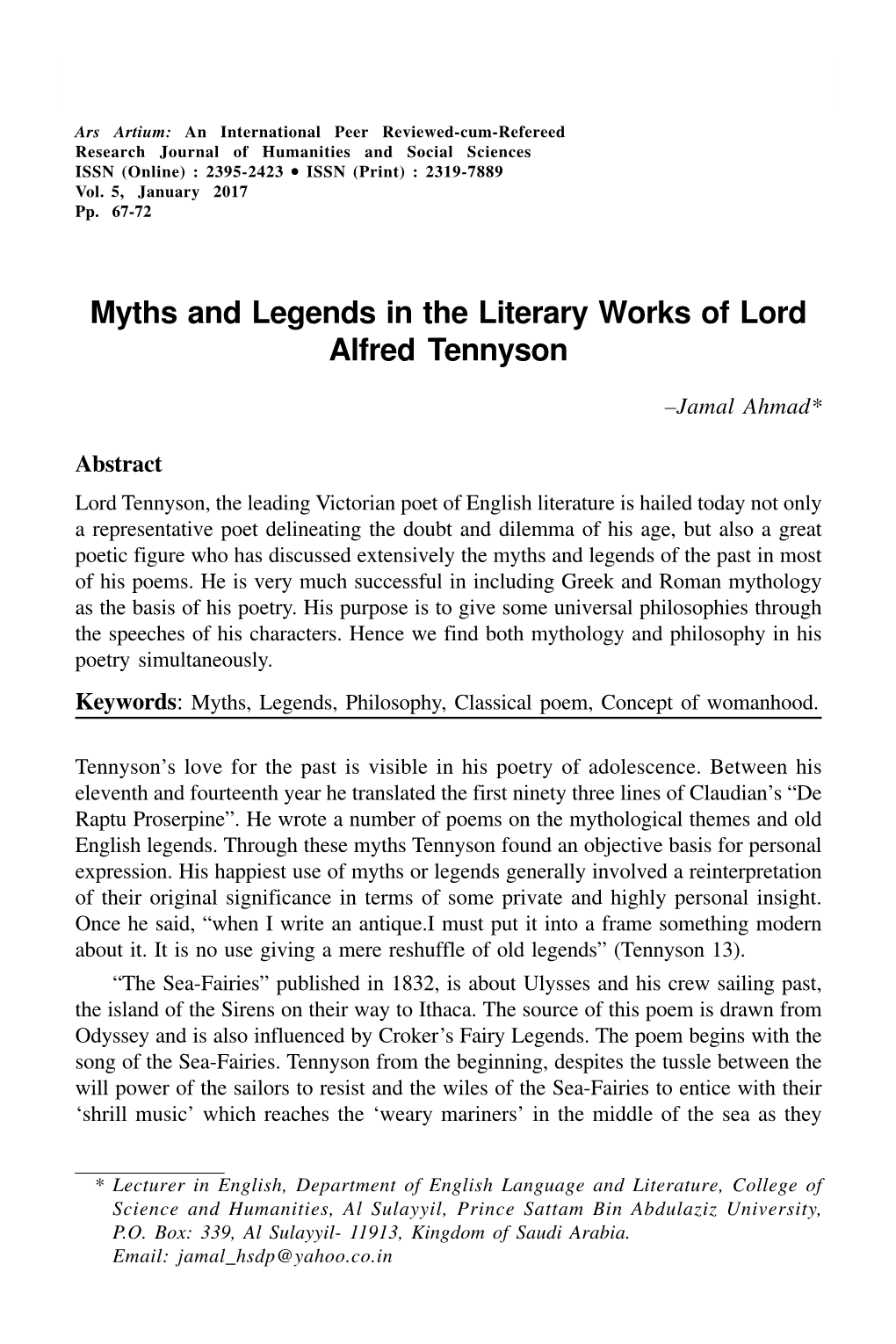 Myths and Legends in the Literary Works of Lord Alfred Tennyson