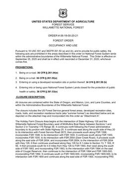 Willamette National Forest Closure Order (Pdf 1680