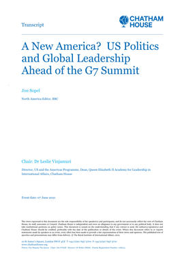 A New America? US Politics and Global Leadership Ahead of the G7 Summit