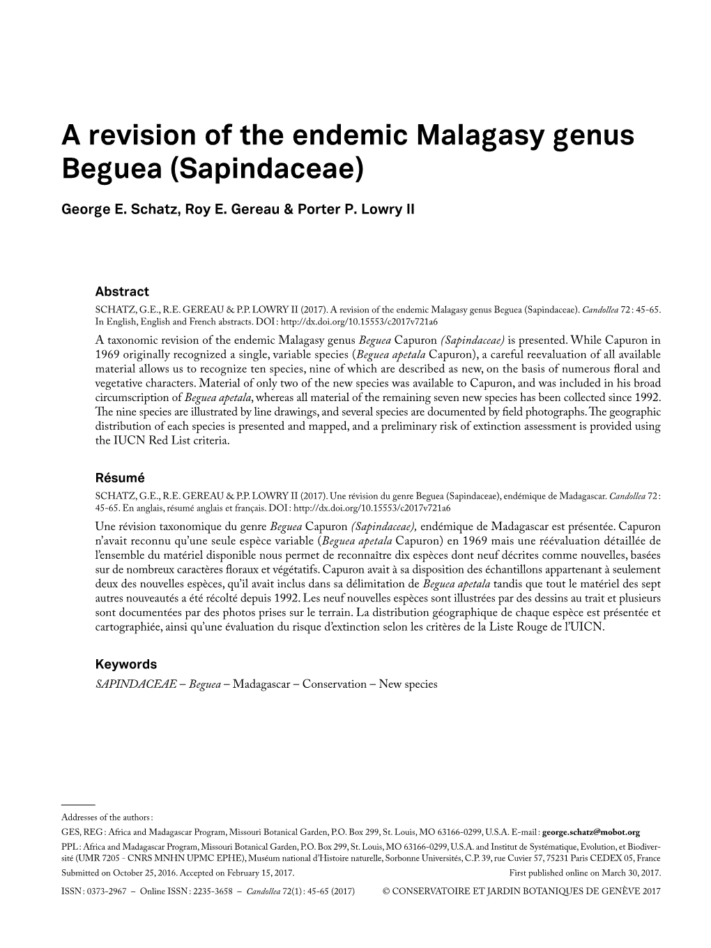 A Revision of the Endemic Malagasy Genus Beguea (Sapindaceae)