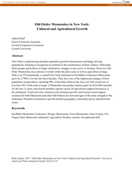 Old Order Mennonites in New York: Cultural and Agricultural Growth