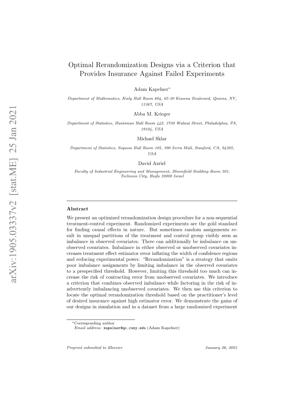 Optimal Rerandomization Designs Via a Criterion That Provides Insurance Against Failed Experiments